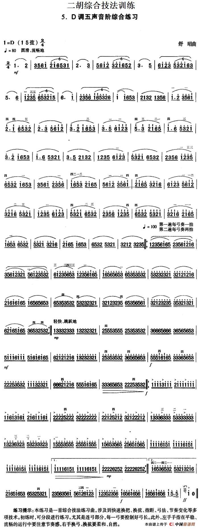 二胡综合技法训练：D调五声音阶综合练习(1)_原文件名：二胡综合技法训练：D调五声音阶综合练习 舒昭曲-.jpg